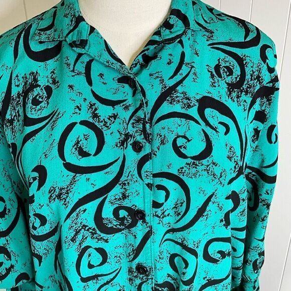Vintage Saint Jermaine Paris Womens 1X Button Front Tunic Top Green Black Swirls - Picture 2 of 16